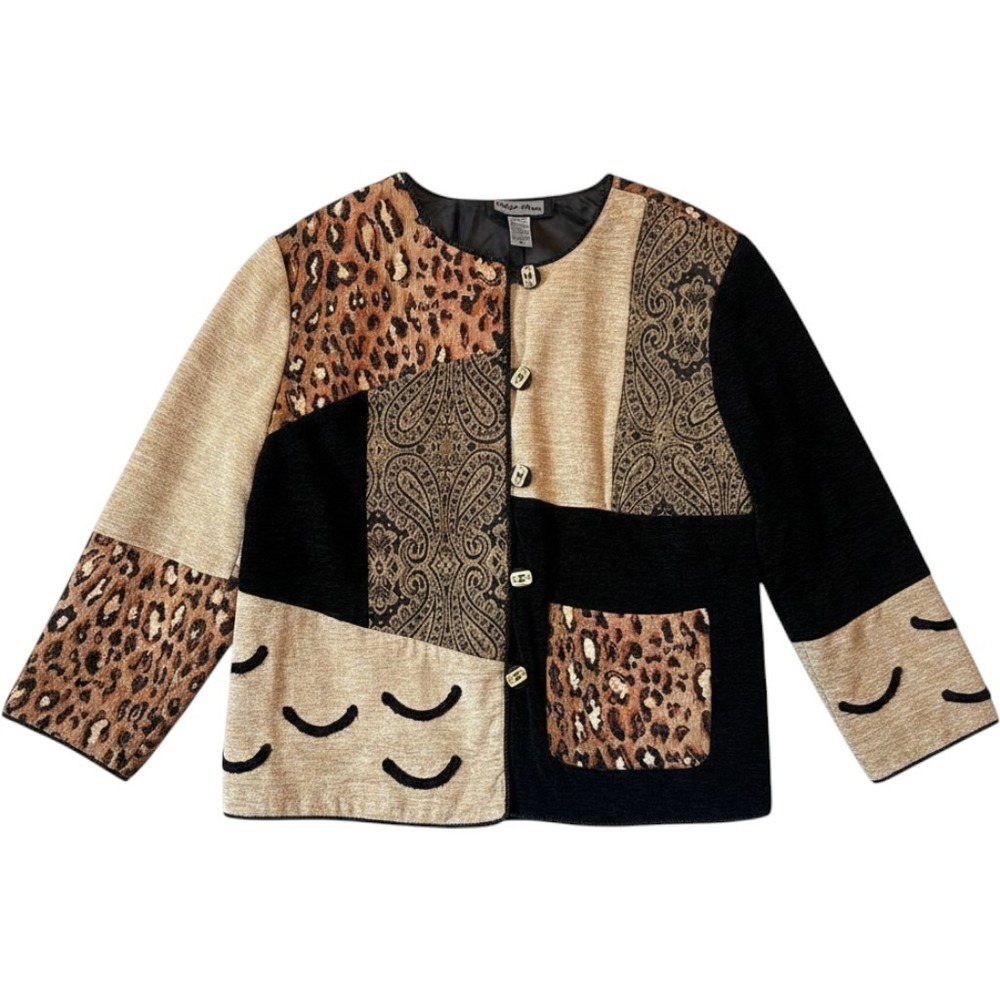 INDIGO MOON | Patchwork Jacket Women 2X Brown Leopard Paisley Art To Wear Boho